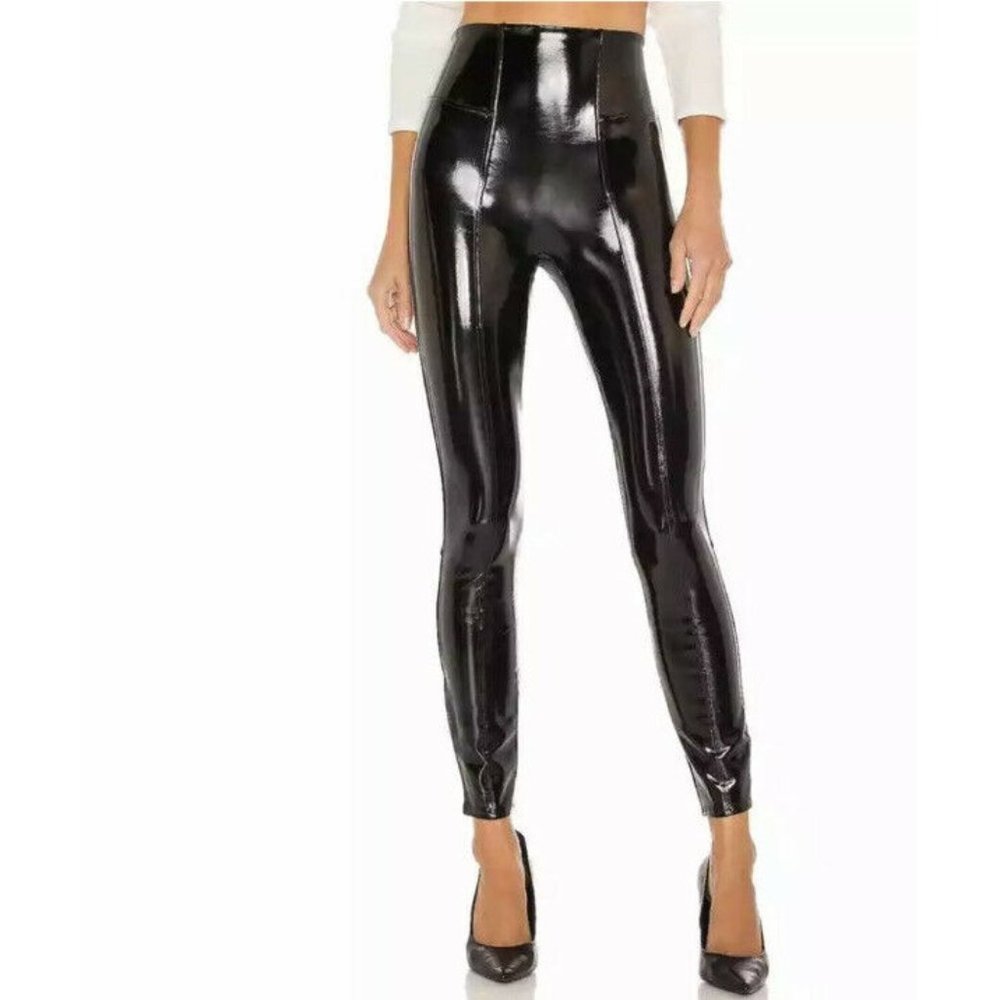 NWT Spanx Black Seamed High Rise Faux Patent Leather Leggings Large L New